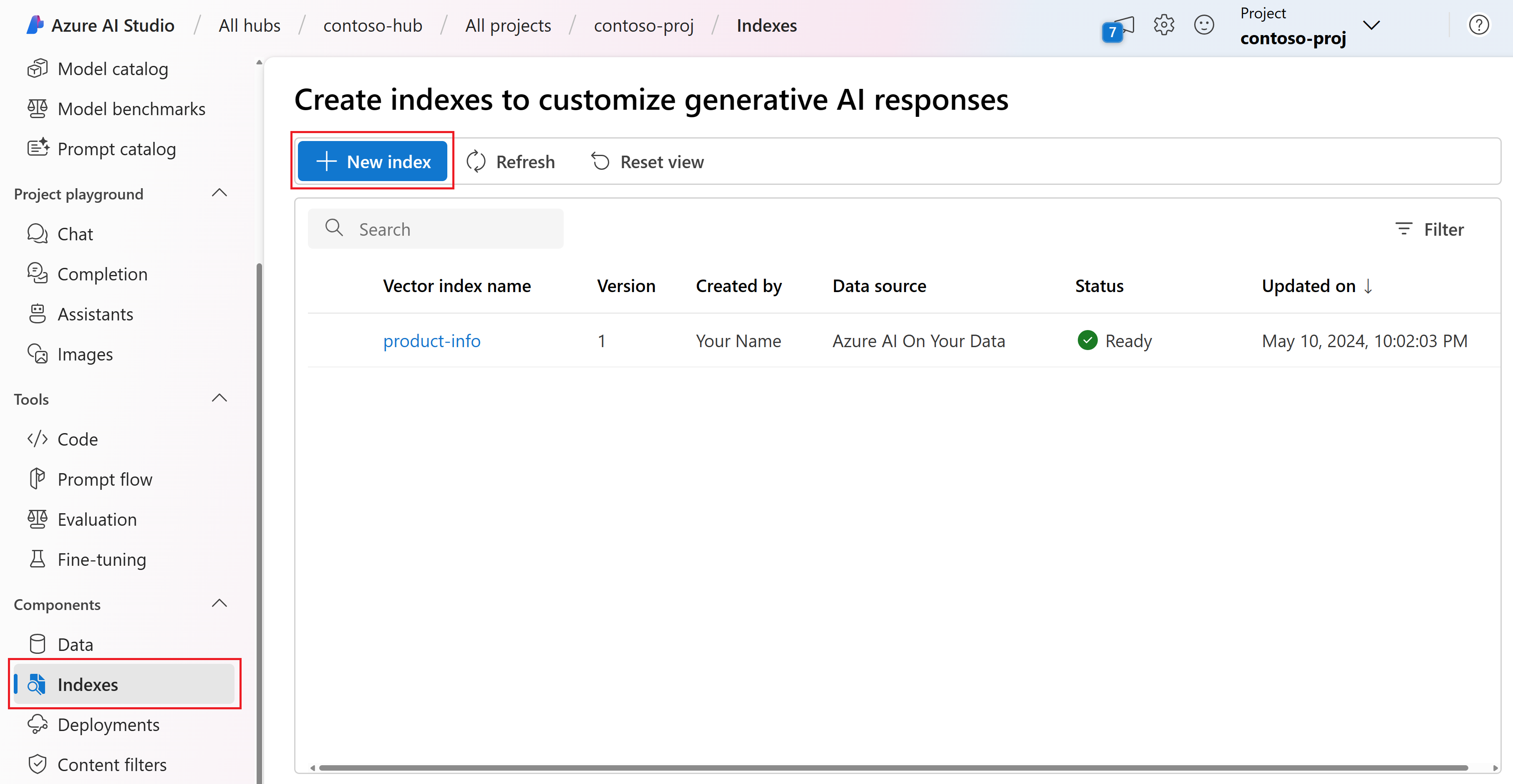 Capture d’écran de la page index avec le bouton pour créer un index.