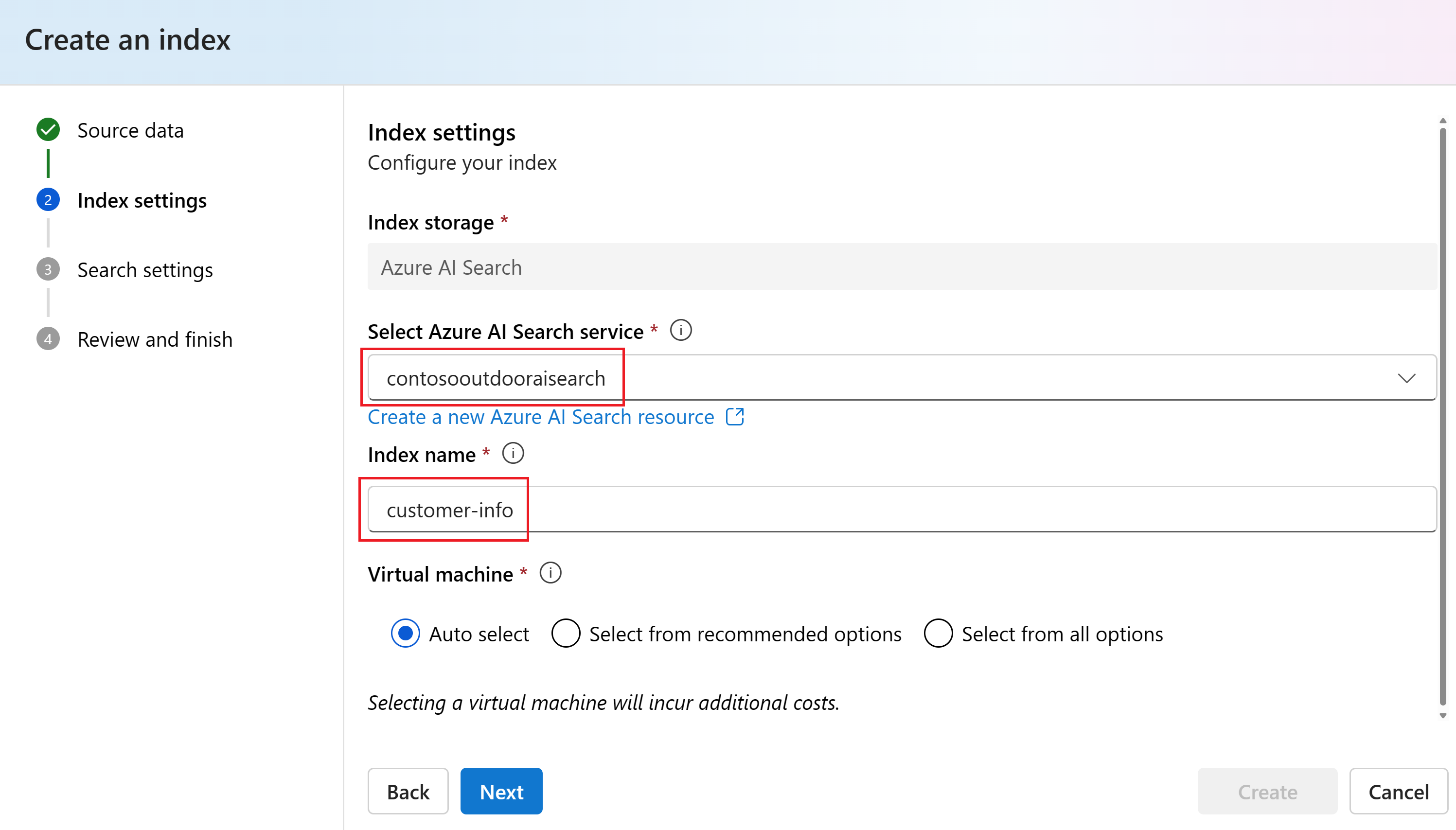 Capture d’écran du service Recherche Azure AI et du nom de l’index.