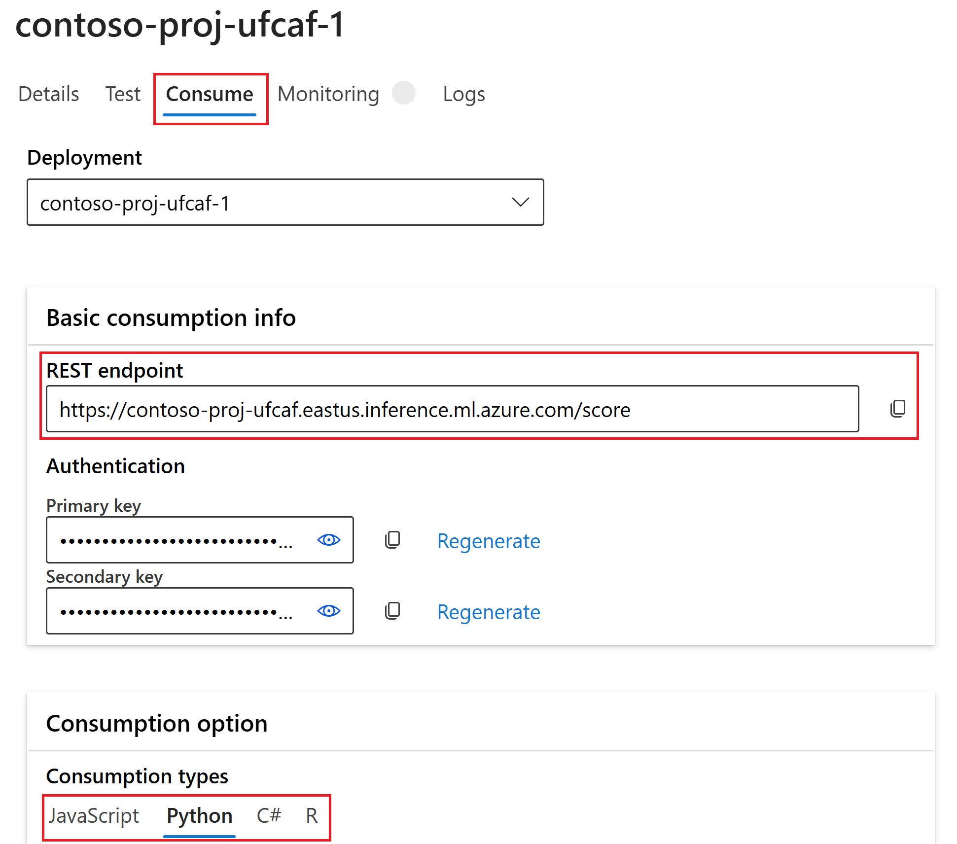Capture d’écran du point de terminaison de déploiement de flux d’invite et des exemples de code.