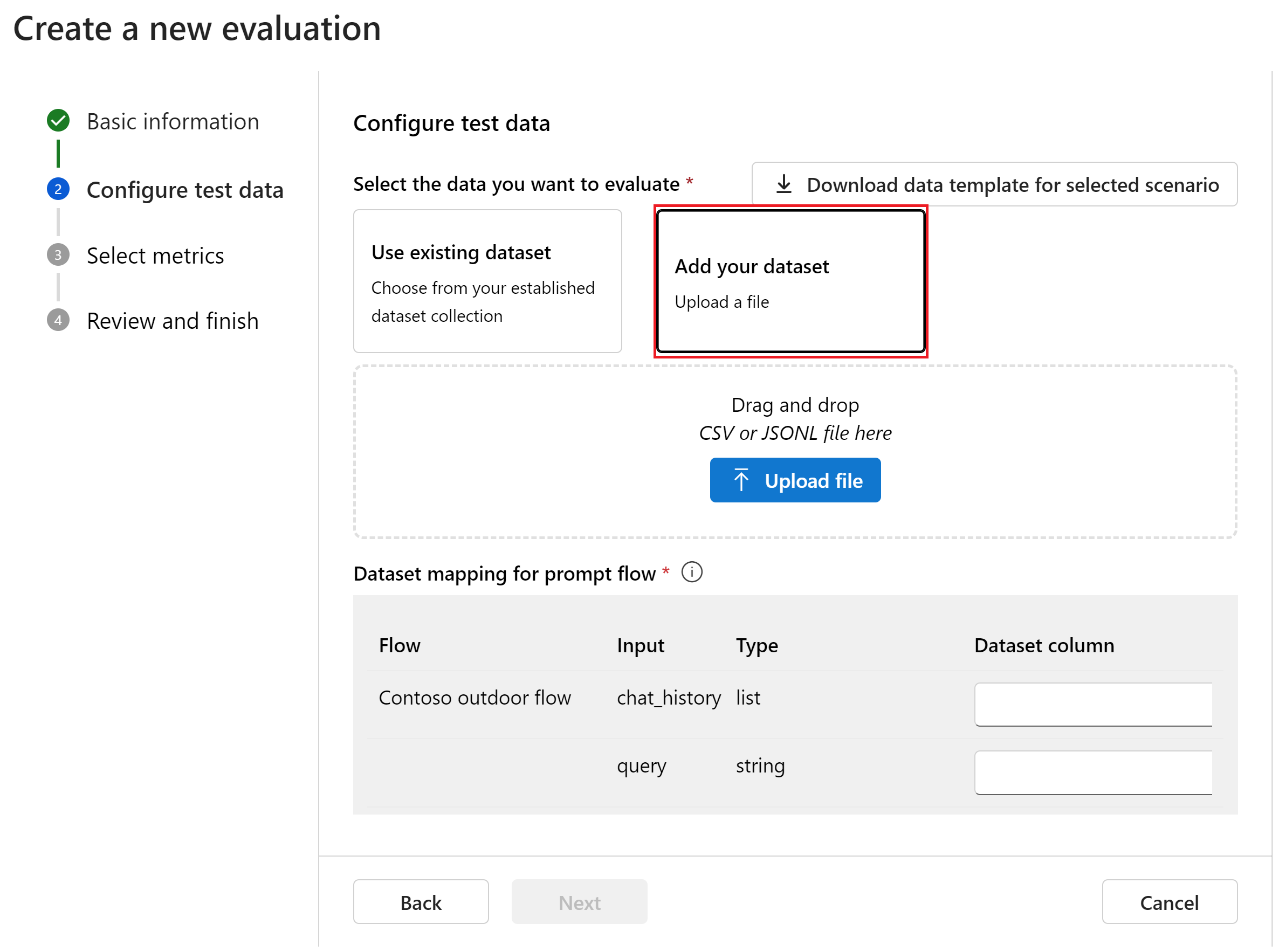 Capture d’écran de l’option permettant d’utiliser un jeu de données nouveau ou existant.
