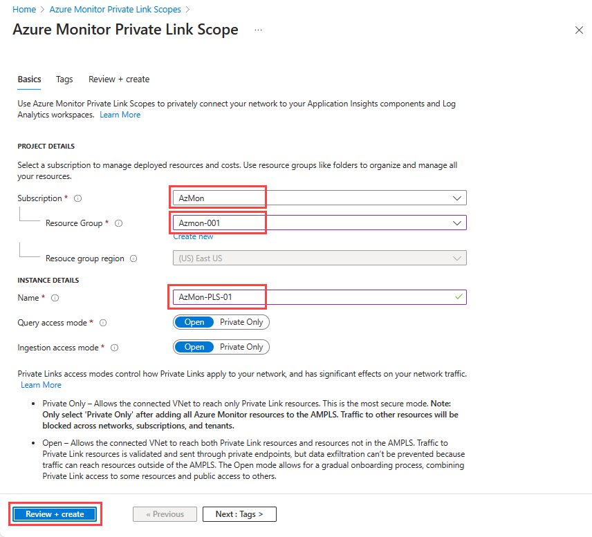Screenshot that shows creating an Azure Monitor Private Link Scope.
