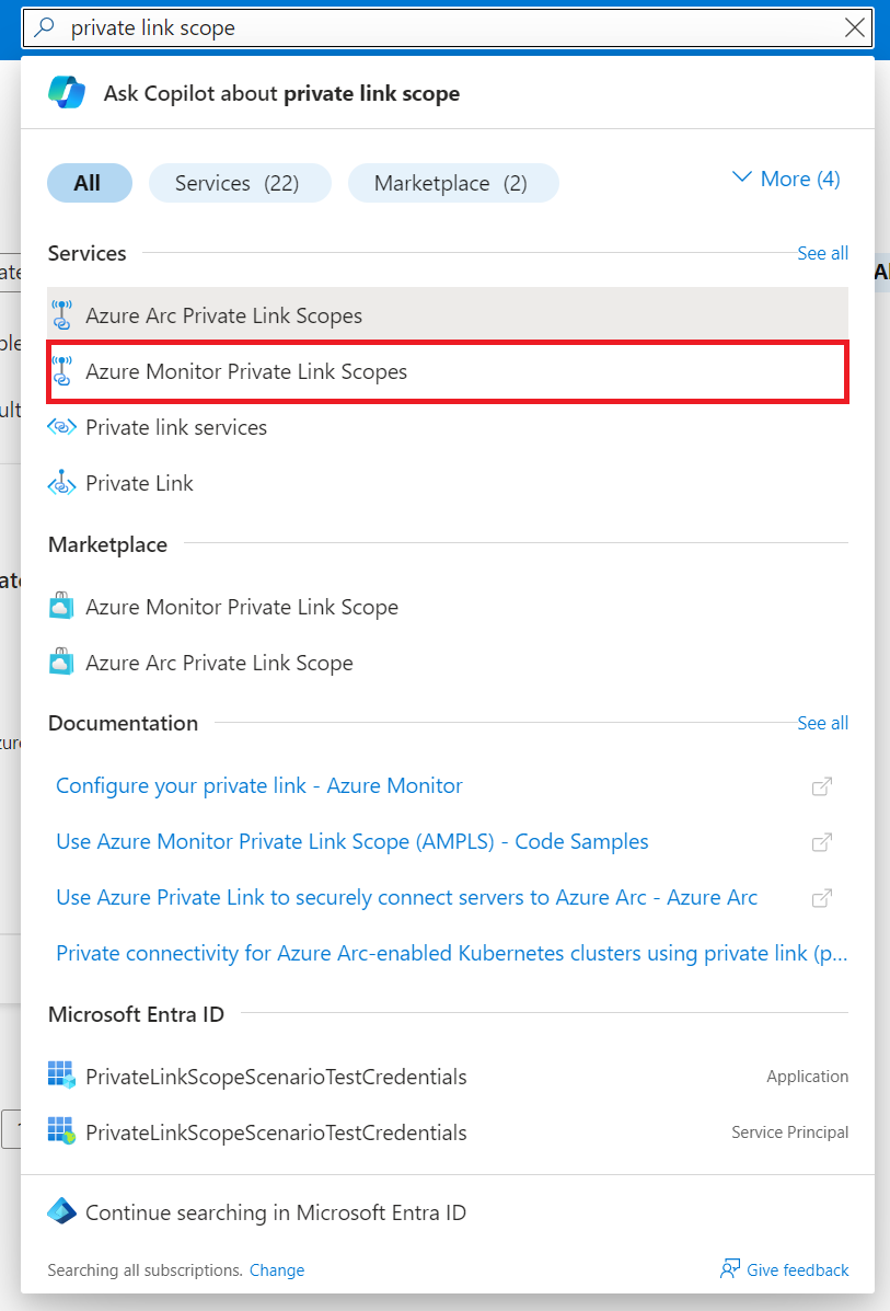 Screenshot showing finding Azure Monitor Private Link Scope.