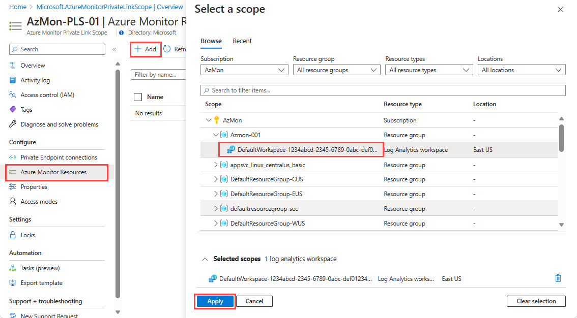 Screenshot that shows selecting a scope.