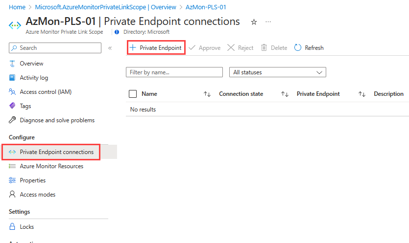 Screenshot that shows Private Endpoint connections.