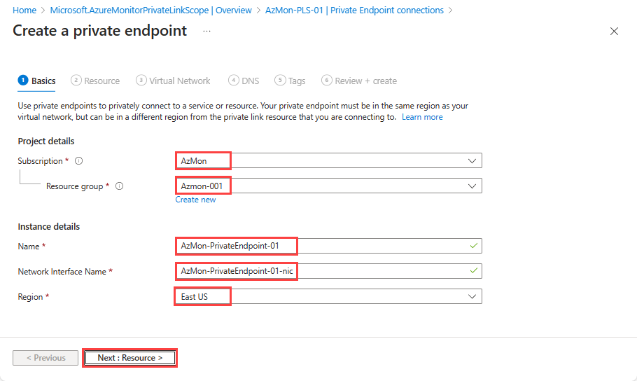 A screenshot showing the create private endpoint basics tab.