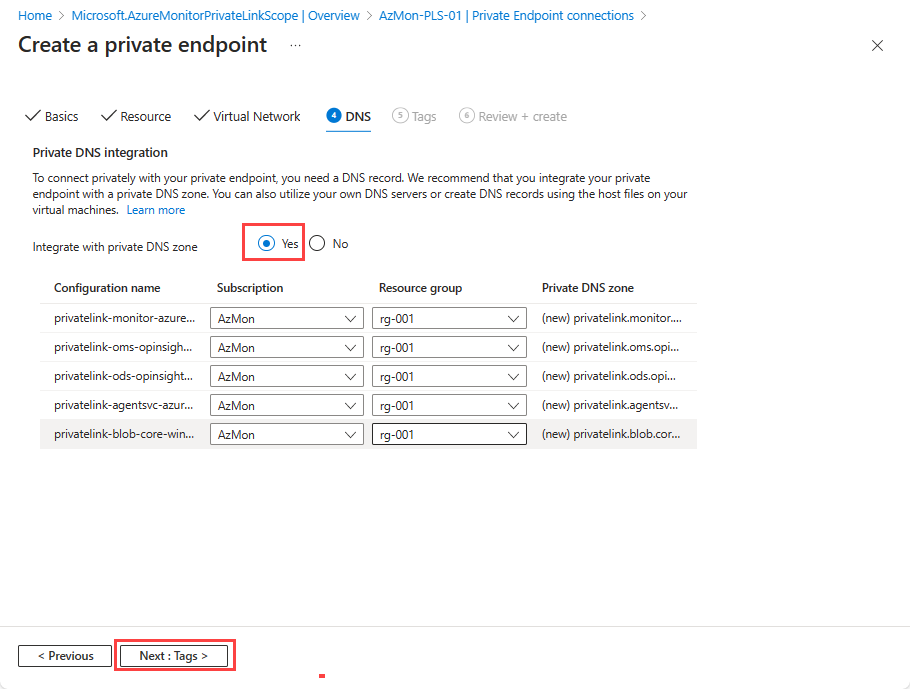 Screenshot that shows the Create a private endpoint page in the Azure portal with the DNS tab selected.