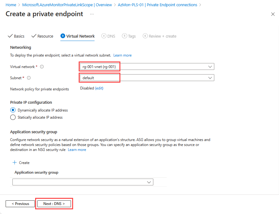 Screenshot that shows the Create a private endpoint page in the Azure portal with the Virtual Network tab selected.