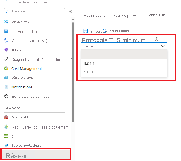 Capture d'écran de l'option minimale du protocole TLS.