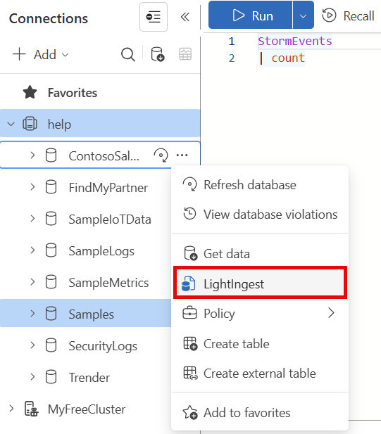 Capture d’écran de l’interface utilisateur web Azure Data Explorer montrant le menu Plus de base de données.