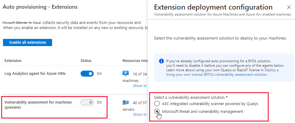 Configurez l’approvisionnement automatique des Gestion des menaces et des vulnérabilités de Microsoft à partir d’Azure Security Center.
