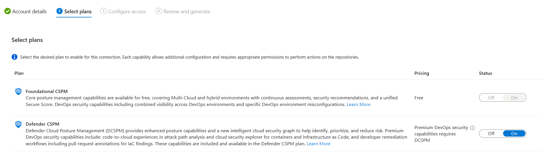 Capture d’écran montrant la sélection d’un plan pour les connecteurs DevOps.