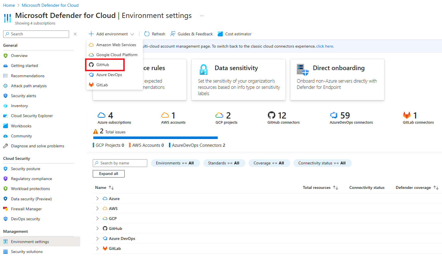 Capture d’écran montrant les sélections pour l’ajout de GitHub en tant que connecteur.