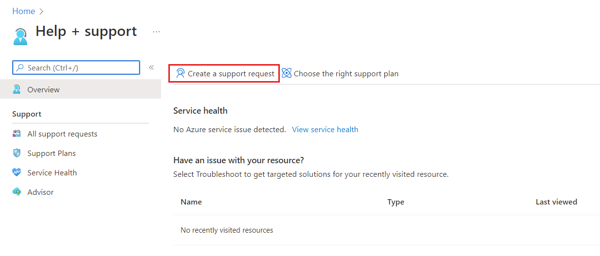 Capture d’écran des sélections pour créer une demande de support dans le portail Azure.