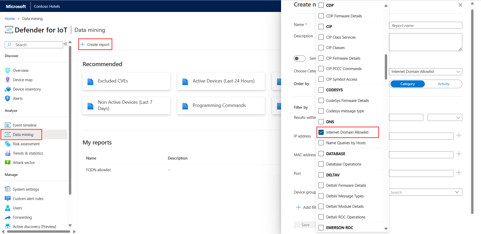 Screenshot of how to generate a custom data mining report for the allowlist in the sensor console.