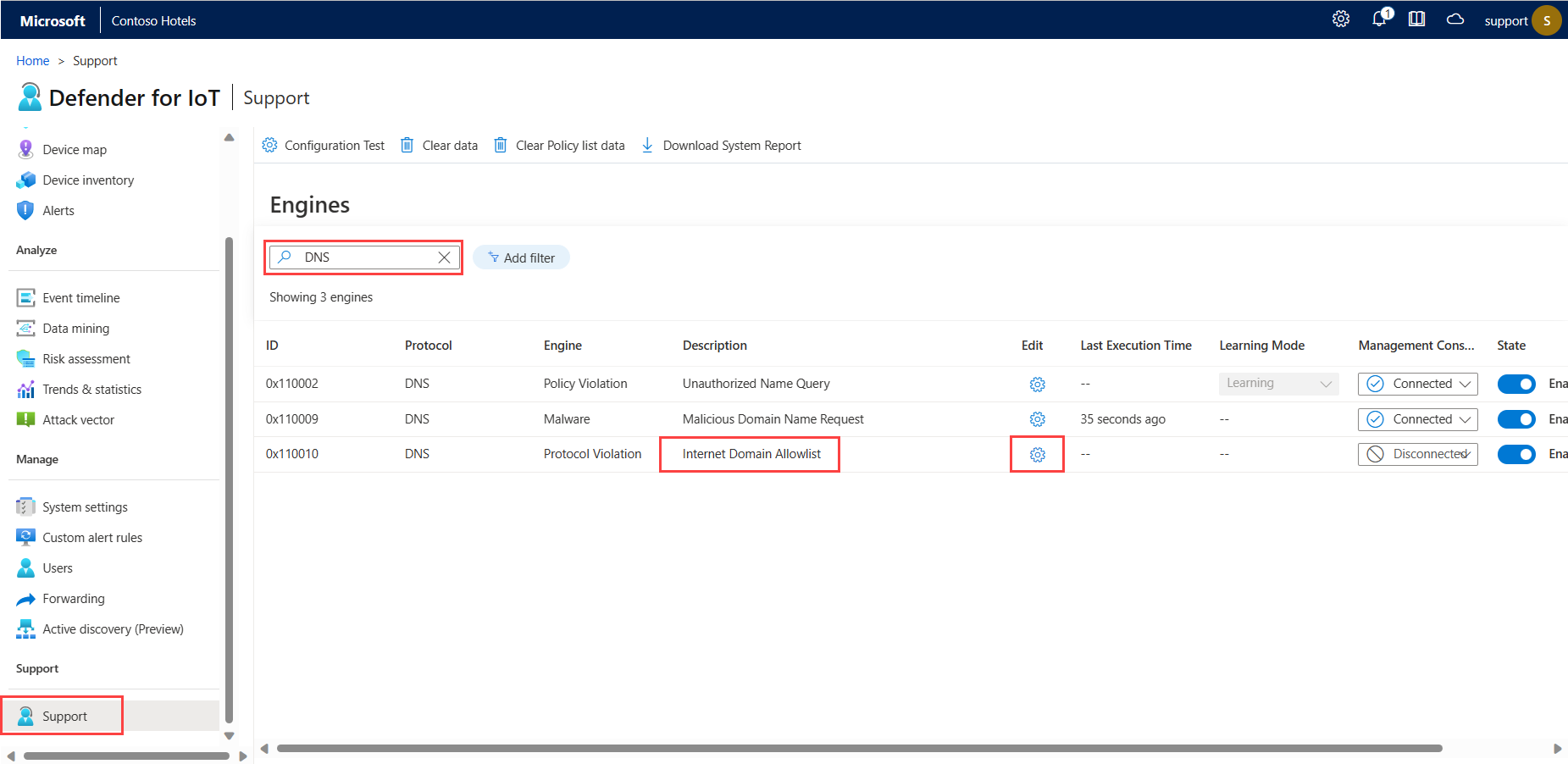 Screenshot of how to edit configurations for DNS in the sensor console.