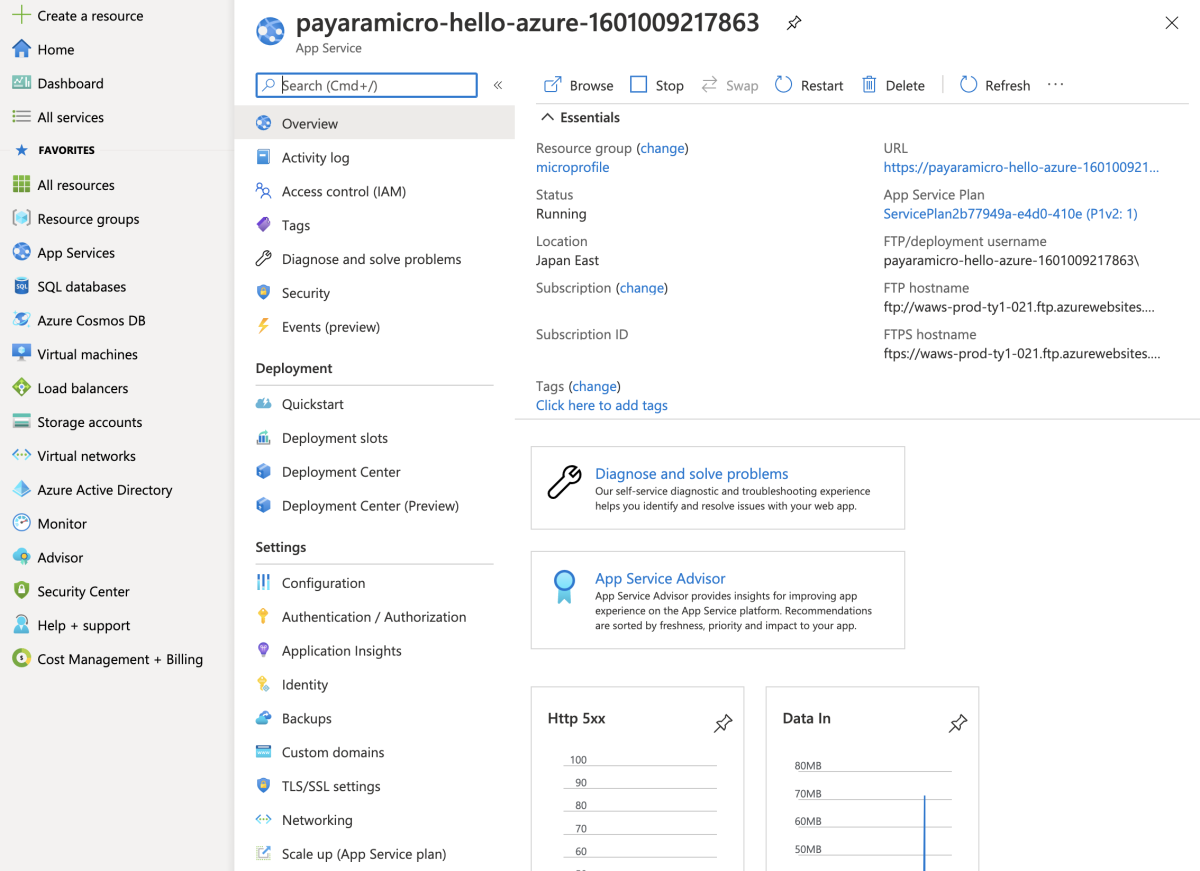 Screenshot of Azure portal showing web app overview page.