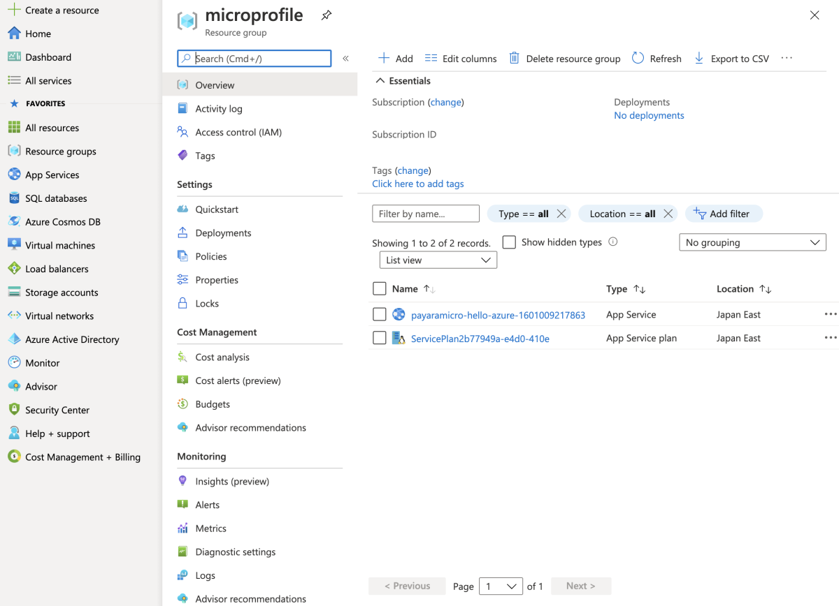 Screenshot of Azure portal showing resource group contents.
