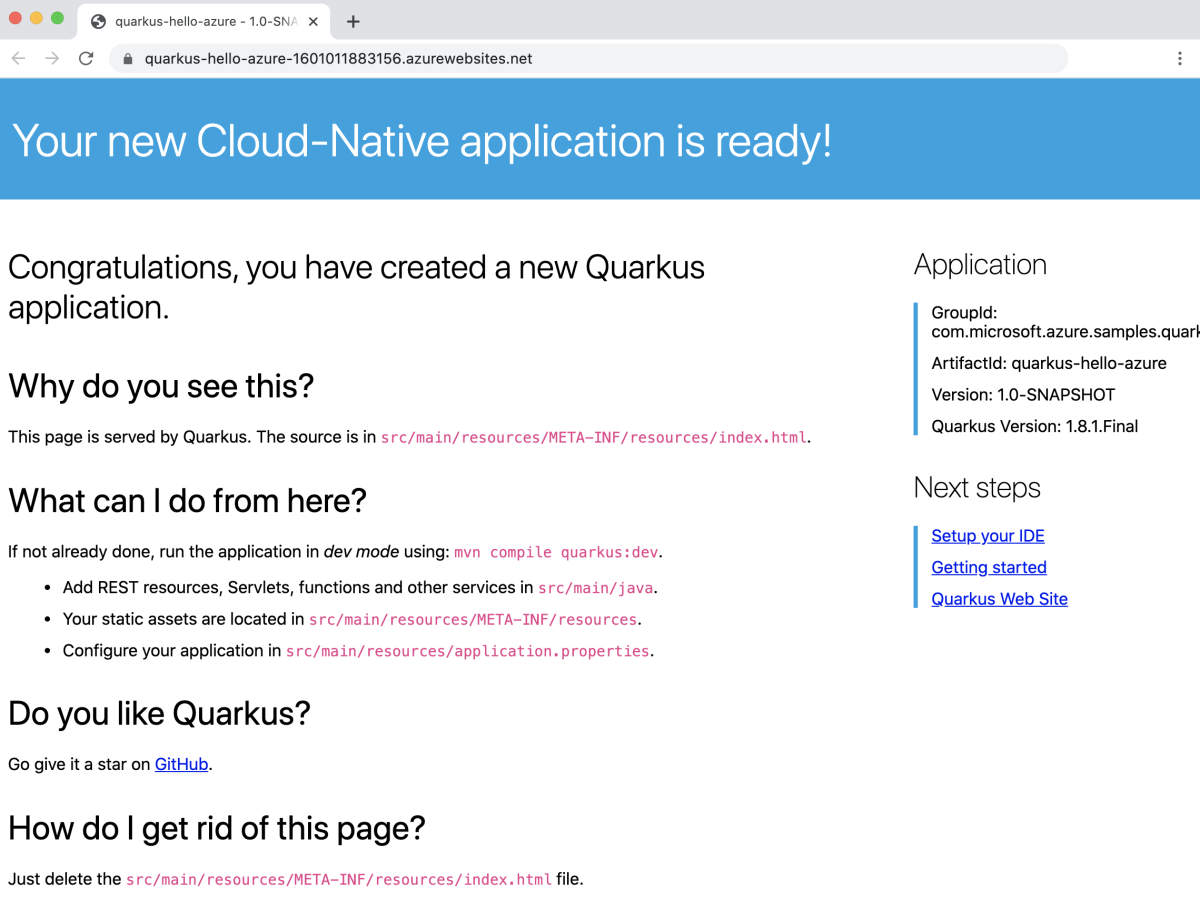 Capture d’écran du navigateur web montrant la page d’accueil de Quarkus.