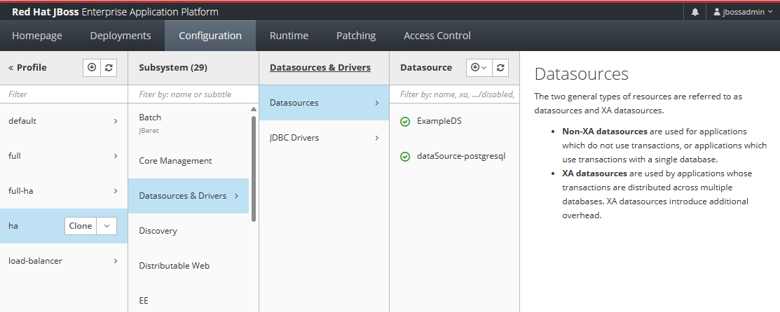 Screenshot of the JBoss EAP management console Configuration tab with Datasources selected.