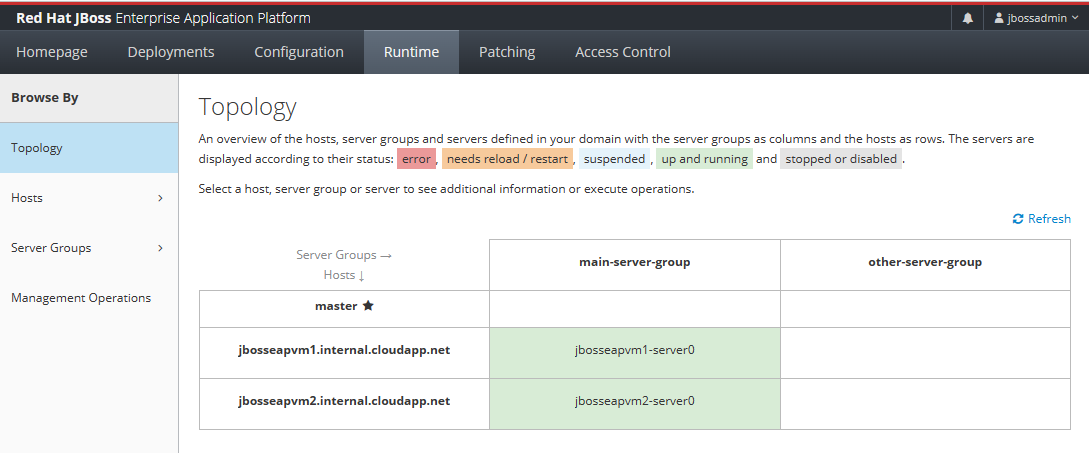 Screenshot of the JBoss EAP management console Runtime topology.