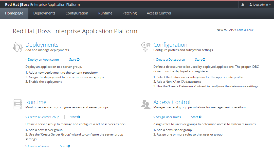 Screenshot of JBoss EAP management console welcome page.