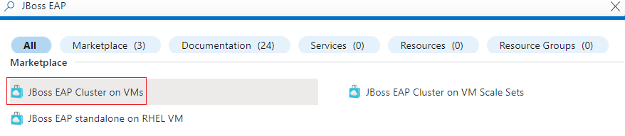 Screenshot of the Azure portal showing JBoss EAP Server on Azure VM in the search results.
