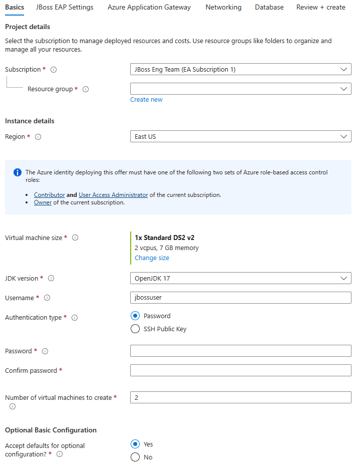 Screenshot of the Azure portal showing the JBoss EAP Cluster on VMs Basics pane.