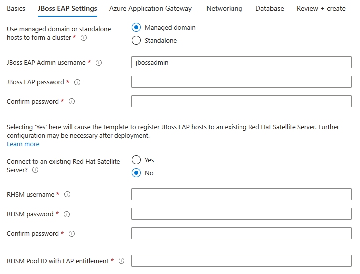 Screenshot of the Azure portal showing the JBoss EAP Cluster on VMs JBoss EAP Settings pane.