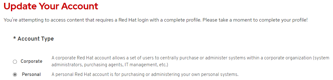 Screenshot of the Red Hat profile Update Your Account page.