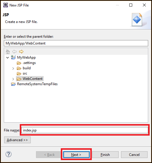 Boîte de dialogue New JSP File (Nouveau fichier JSP)