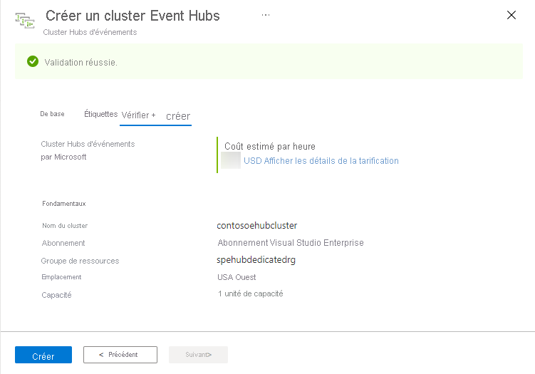 Image montrant la page Créer un cluster Event Hubs - Vérifier + créer.