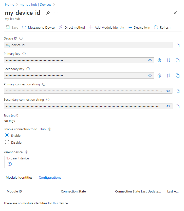 Screen capture that shows the device connection string.
