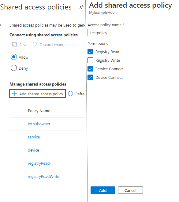 Screen capture showing how to add a shared access policy.