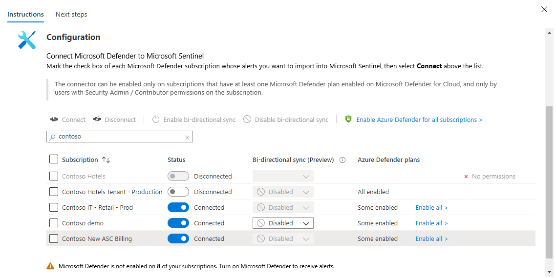 Capture d’écran de la configuration du connecteur Microsoft Defender pour Cloud