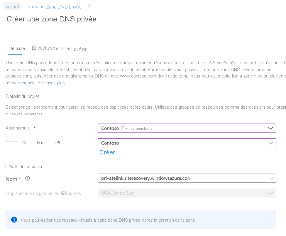 Shows the Basics tab of the Create Private DNS zone page and related project details in the Azure portal.