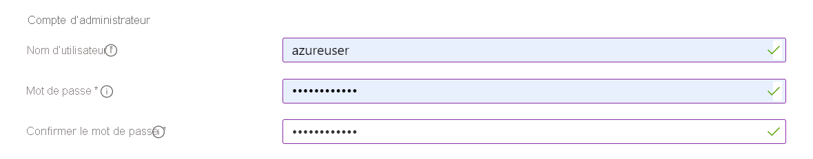 Capture d’écran de la section Compte d’administrateur où vous spécifiez le nom d’utilisateur et le mot de passe de l’administrateur