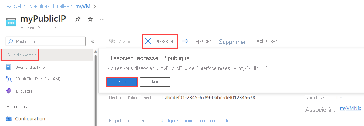 Capture d’écran de la page Vue d’ensemble d’une ressource d’adresse IP publique montrant comment la dissocier de l’interface réseau d’une machine virtuelle.