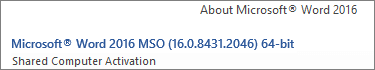 Capture d’écran de la boîte de dialogue À propos de Word, montrant « Activation de l’ordinateur partagé » sous le numéro de version MSO.