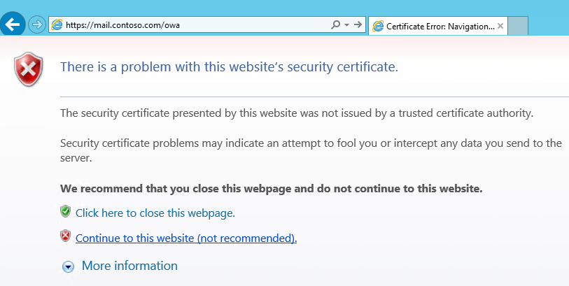Capture d’écran de la page d’avertissement concernant le certificat.