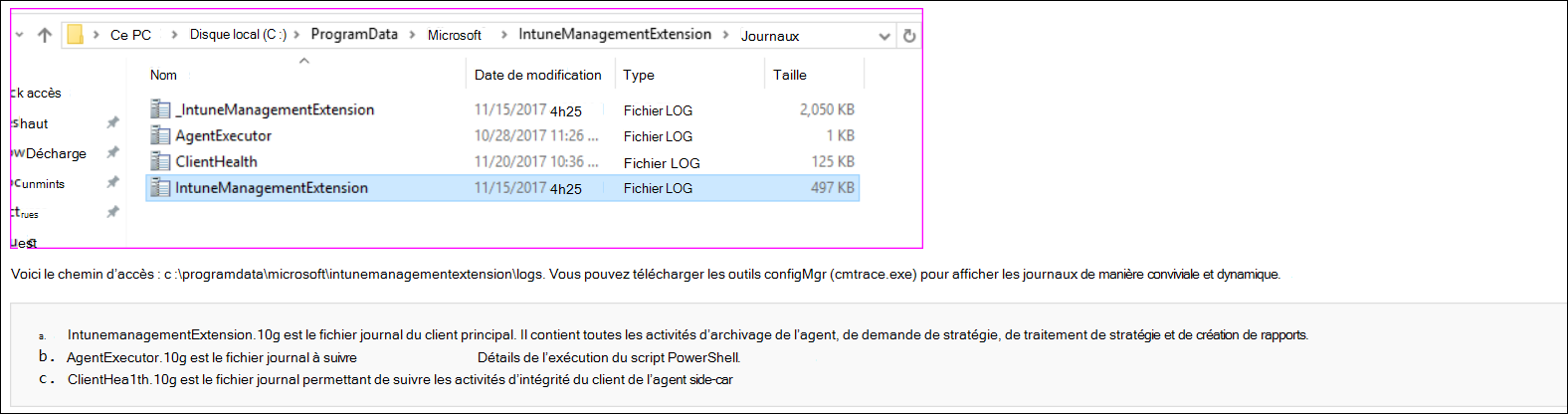 Capture d’écran des journaux de l’agent sur l’ordinateur client.