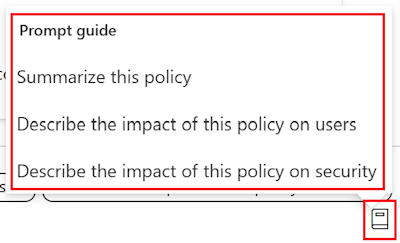 Capture d’écran montrant le guide d’invite de stratégie Copilot et une liste des invites disponibles dans le catalogue de paramètres dans Microsoft Intune et le centre d’administration Intune.