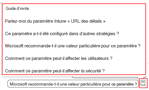 Capture d’écran montrant le guide d’invite des paramètres Copilot et une liste des invites disponibles dans le catalogue de paramètres dans Microsoft Intune et le centre d’administration Intune.