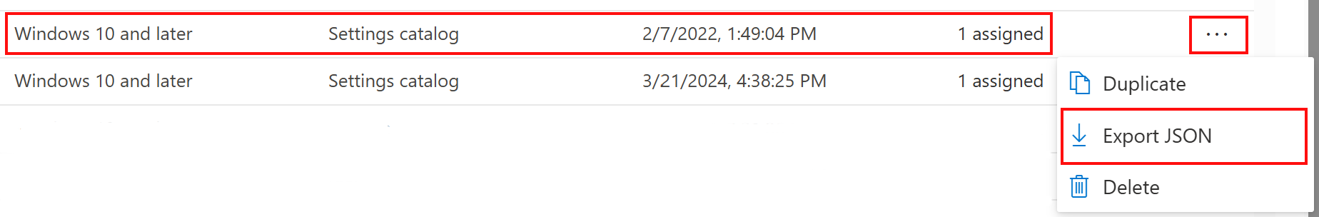 Capture d’écran montrant comment exporter une stratégie de catalogue de paramètres au format JSON dans Microsoft Intune et le Centre d’administration Intune.