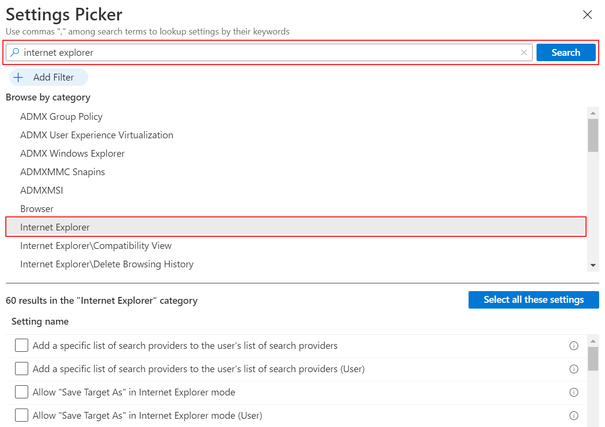 Capture d’écran montrant le catalogue de paramètres lorsque vous recherchez Internet Explorer pour afficher tous les paramètres d’Internet Explorer dans Microsoft Intune et le Centre d’administration Intune.