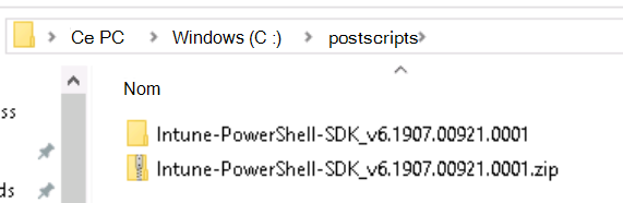 Capture d’écran montrant la structure de dossiers du Kit de développement logiciel (SDK) Intune PowerShell après avoir été extrait.