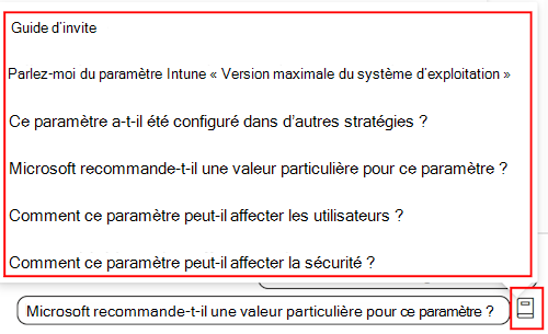 Capture d’écran montrant le guide d’invite Copilot lorsque vous ajoutez un paramètre dans une stratégie de conformité dans Microsoft Intune et Intune centre d’administration.