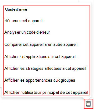 Capture d’écran montrant le guide d’invite Copilot après avoir sélectionné un appareil dans Microsoft Intune et Intune centre d’administration.