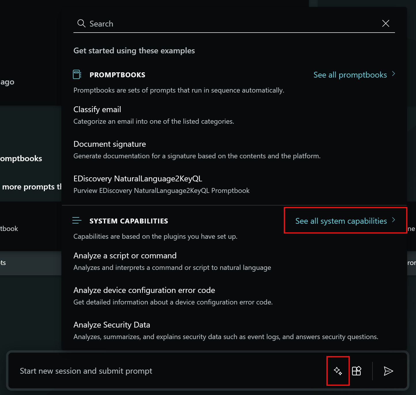 Capture d’écran montrant comment sélectionner l’icône d’invite et les fonctionnalités système dans Microsoft Copilot for Security.