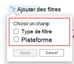 Capture d’écran montrant comment filtrer la liste de filtres existante par plateforme et type de profil dans Microsoft Intune.