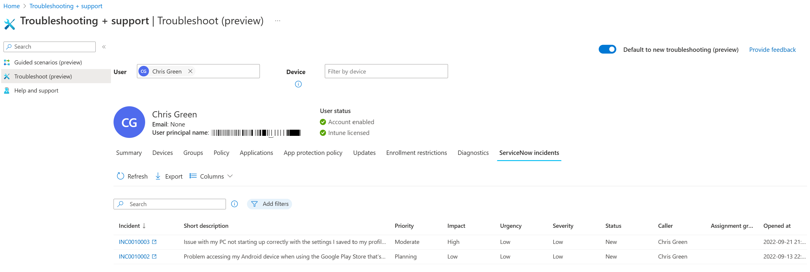 Capture d’écran montrant la vue des incidents Service Now avec une liste de tous les incidents pour l’utilisateur sélectionné.